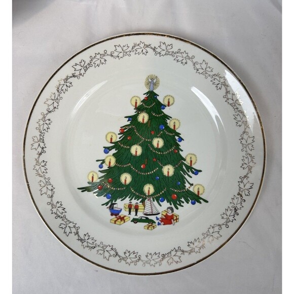 Vintage Merry Christmas Tree Plate 10” 22K Gold Trim Holiday Collectible - Picture 1 of 4